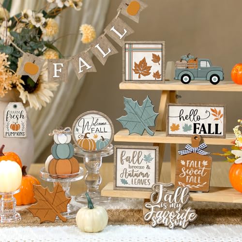 21 Pcs Fall Tiered Tray Decorations Set - Autumn Farmhouse Decor