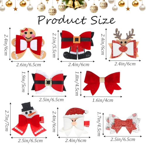 8 Pack Christmas Hair Clips with Festive Bows – Santa, Snowman & Reindeer Designs
