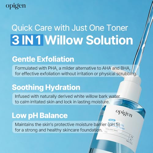 Opigen Low pH Willow PHA 5% Exfoliating Toner - Gentle Daily Skin Care for Brightening & Smoothing, 7.1 Fl Oz