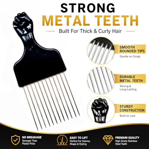 2-Pack Metal Afro Pick Comb for Curly Hair & Beards - 6.75 Inch