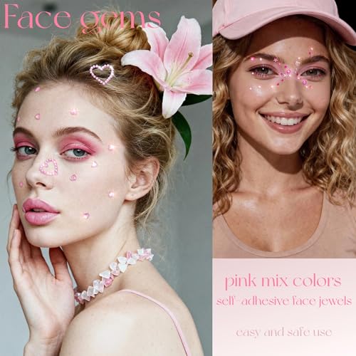 Self-Adhesive Pink Face Gems - Heart & Star Rhinestone Stickers