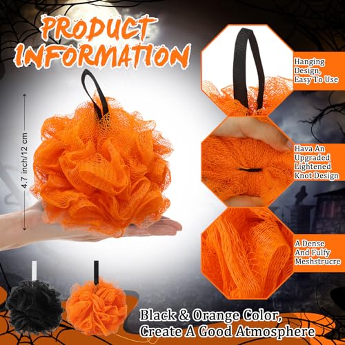 FuWeave 12-Pack Halloween Black and Orange Bath Loofah Sponges - Exfoliating Shower Scrubbers