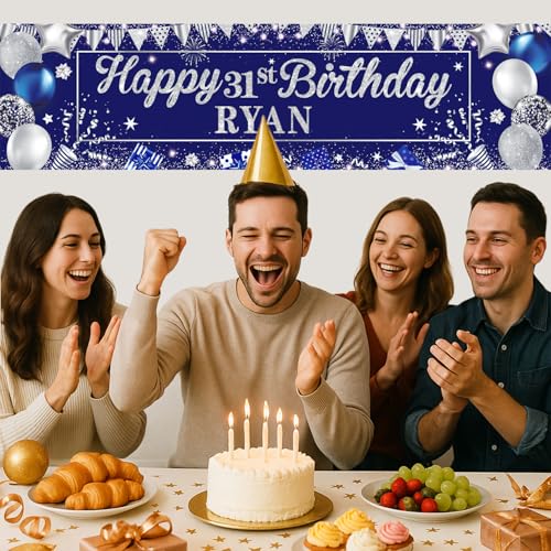 Personalized Blue Silver Birthday Banner with Custom Name & Age