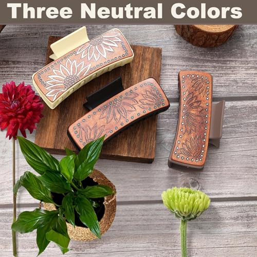 FRUSSONIA Sunflower Print Leather Claw Clips 4-inch Large Square Hairpins, Vintage Cowhide Hair Accessories, Set of 3 - Flower Variation
