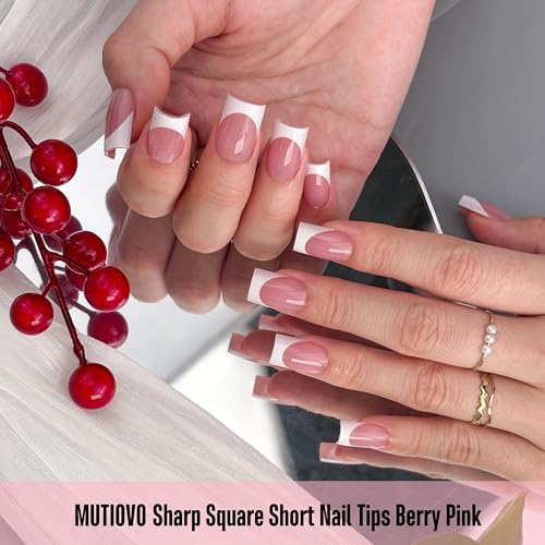 MUTIOVO Short Straight Square Nail Tips - White French Tip Berry Pink, 150 pcs