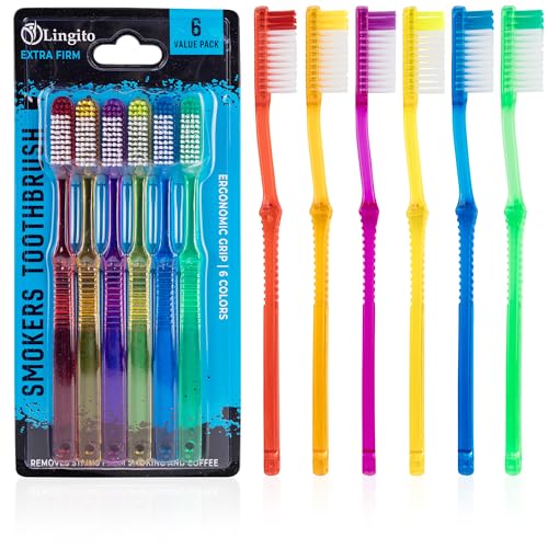 Lingito Extra Firm Manual Toothbrush Set for Smokers - Large Head, Hard Bristles, 6 Pack