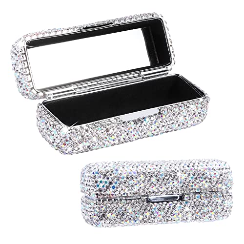 Silver Rhinestone Lipstick Case with Mirror, Bling Crystal Makeup Storage