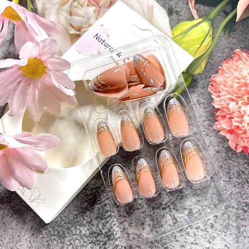 LOPMNGHT Glitter Powder French Almond Short Press On Nails for Women 24Pcs