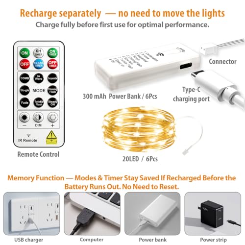 6 Pack Rechargeable Fairy String Lights with Remote - 20 LEDs, 7ft