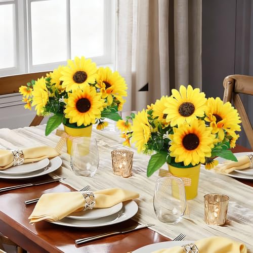 2 Pack Small Artificial Sunflower Potted Plants - Rustic Home Decor