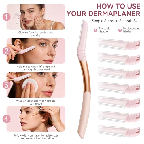 Eyebrow Razor and Face Razor for Women, Reusable Metal Handle with 7 Refill Blades, Dermaplane Razor with Protective Silicone Cap, Eyebrow Hair Trimmer