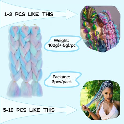 Rainbow Braiding Hair 3 Packs 24inch Jumbo Synthetic Extensions for Twist & Box Braids - Pink/Blue/Purple/Light Cyan