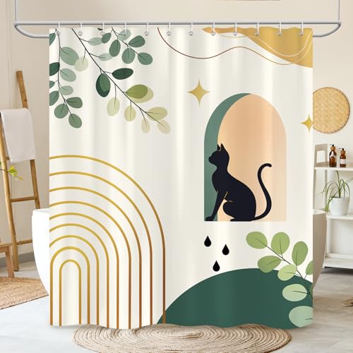 Dazzlewall Boho Black Cat Shower Curtain - 72x72 in, Water-Resistant