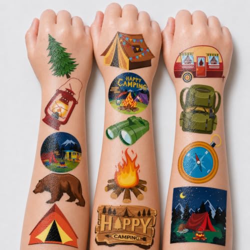 Camping-Themed Temporary Tattoos for Kids - 96 PCS Party Favors