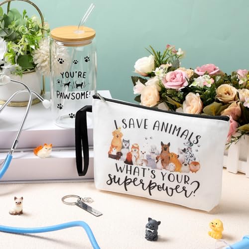 Veterinary Appreciation Gifts Set - Paterr 3 Pcs Vet Tech Thank You Gift with Dog Paw Makeup Bag, Cup & Keychain