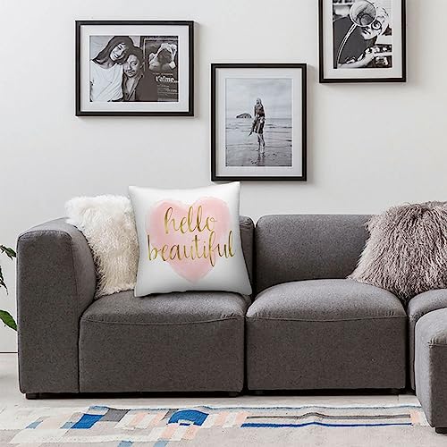 Hello Beautiful Throw Pillow Cover - Blush Pink Gold Watercolor Heart 16x16