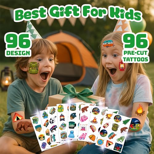 Camping-Themed Temporary Tattoos for Kids - 96 PCS Party Favors