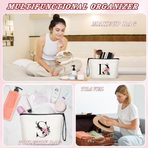 Personalized Floral Initial Makeup Bag for Women - Travel Cosmetic Pouch, White