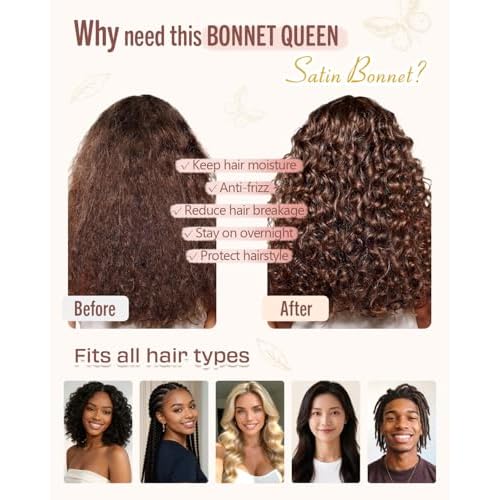 BONNET QUEEN Silk Bonnet for Sleeping Women, Satin Hair Bonnet with Adjustable Tie Band, Double Layer Sleep Cap That Stays On Overnight for Curly Hair, Braids, Wigs and Natural Hair, Large Black