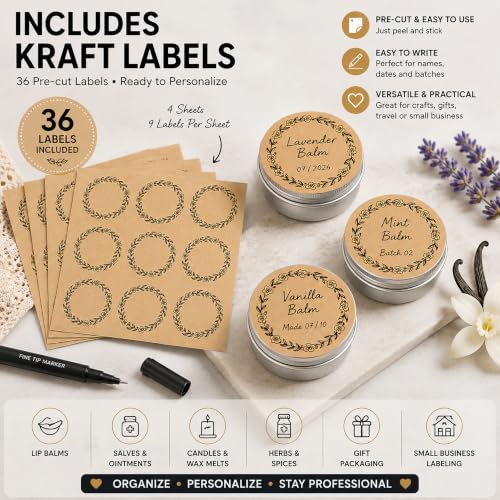 32 Pack Silver Aluminum Screw Top Tins with Labels, 1 oz