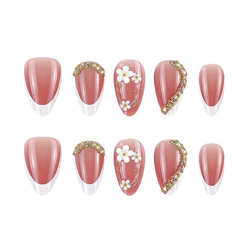 30Pcs White French Tip Press on Nails Medium Almond 3D Flower Fake Nails with Gold Rhinestone Designs Summer Pink False Nails Handmade Stick on Nails Artificial Nails Spring Glue on Nails for Women