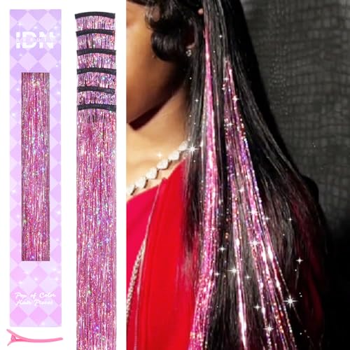 Pink Sparkle Clip-In Hair Tinsel Extensions 24 Inch for Long Hair - 6pcs
