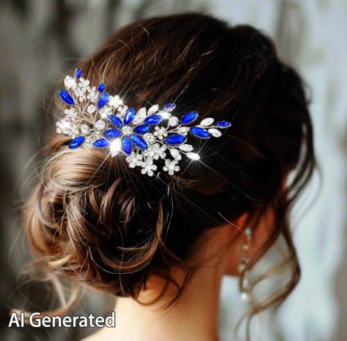 Catery Blue Rhinestone Wedding Hair Comb - Floral Bridal Hair Accessory