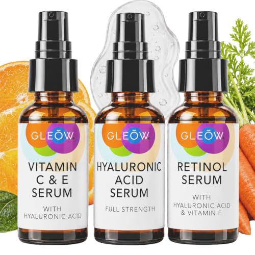 GLEOW Skincare Set with Retinol, Vitamin C & Hyaluronic Acid Serum - Combo Pack 1oz