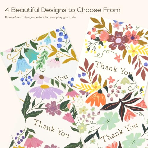 Thank You Cards Set - 12 Floral Design Cards with Envelopes & Stickers | 5x7 Gold Foil