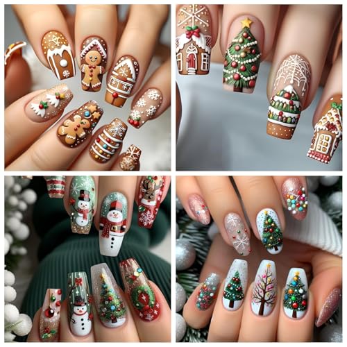 4 Sheets Christmas Nail Stickers – Gingerbread Man, Snowman, Santa Bear 5D Embossed Self-Adhesive Decals (Winthrop) – Holiday Manicure Kit