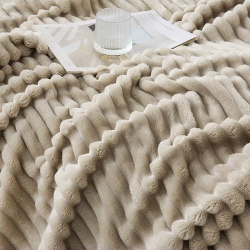 Khaki Striped Throw Blanket - Soft Plush Fleece 50x60 Inches