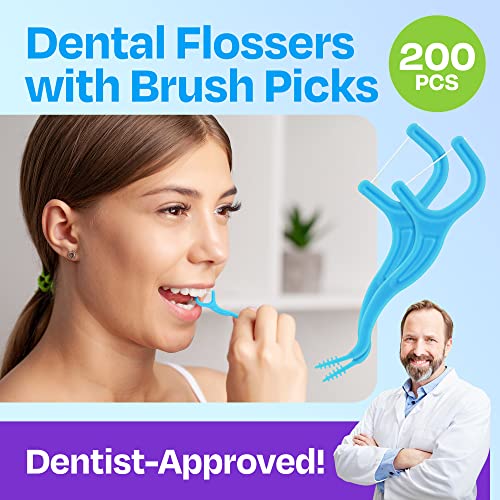 Trueocity Mint Dental Floss Picks with Brush, 200 Count - Ergonomic & Disposable