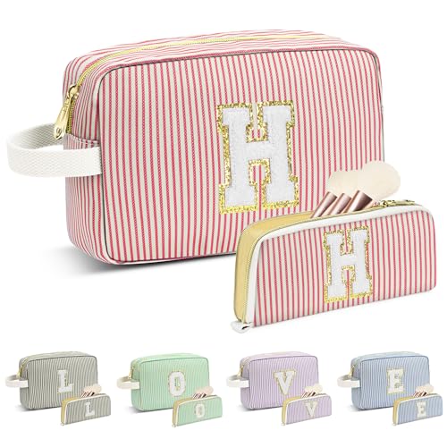 Personalized Red & White Stripes Makeup Bag for Teens - Initial H