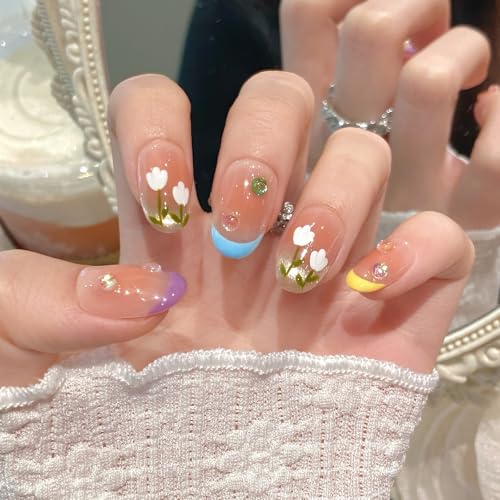Yacey Handmade 3D Floral Press On Nails - Medium Oval Acrylic French Tips