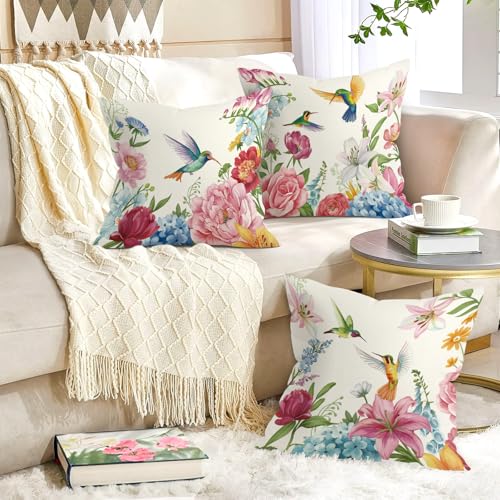 Floral Hummingbird Throw Pillow Covers, Set of 4, 18x18