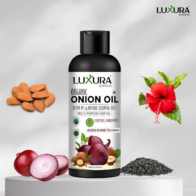 Luxura Sciences Organic Onion Hair Oil 3.38 Fl Oz - Controls Hair Loss & Dandruff, Supports Growth, Sulfate-Free