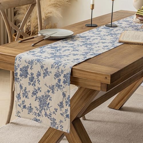 14x90 Inch Dark Blue Floral Table Runner - Washable & Wrinkle Resistant