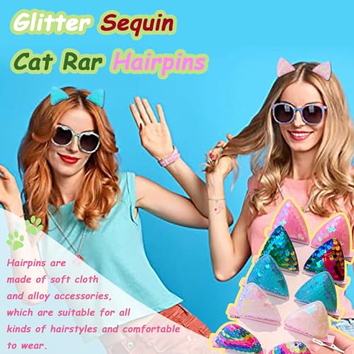 Glitter Cat Ear Hair Clips for Girls - 12 Pack Sparkly Animal Hair Barrettes