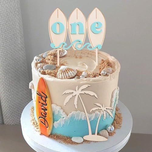Surfboard Birthday Cake Topper - Big One Wave Surf Wood Decoration