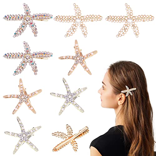 8Pcs Starfish Seashell Hair Clips with Pearls & Rhinestones - Bridal Wedding Hair Accessories