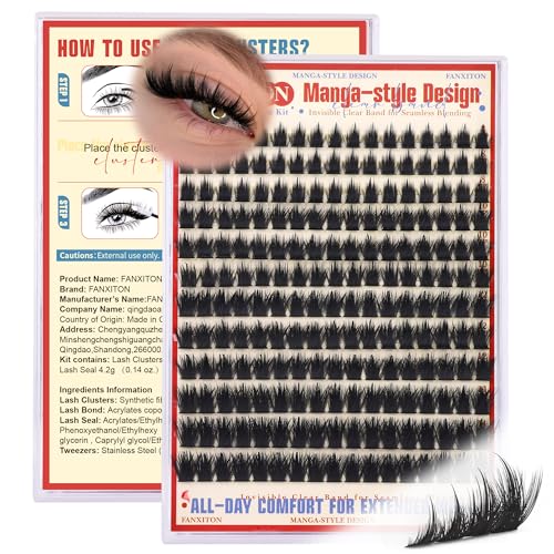 FANXITON Anime Lash Clusters 8-14mm, 204pcs DIY Wispy Extensions