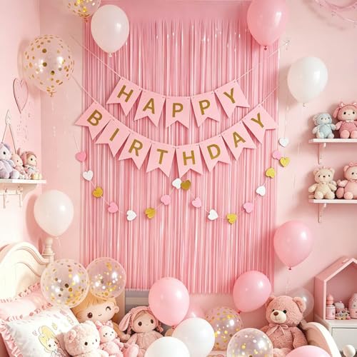 Pink Birthday Decorations Set for Girls & Women - Banner, Balloons, Cake Topper & More