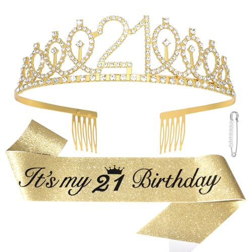 CAVETEE 21st Birthday Crown and Sash Set for Women