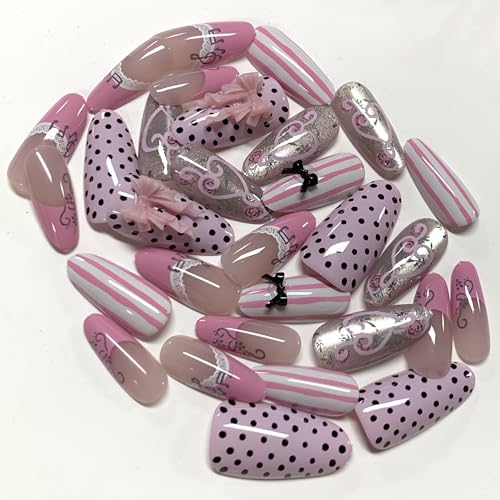 BABALAL CNF000 Reusable Medium Almond Press On Nails with Pink French Tips & Bling Charms