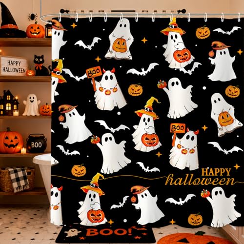 Spooky Ghost Halloween Shower Curtain with 12 Hooks - 72x72
