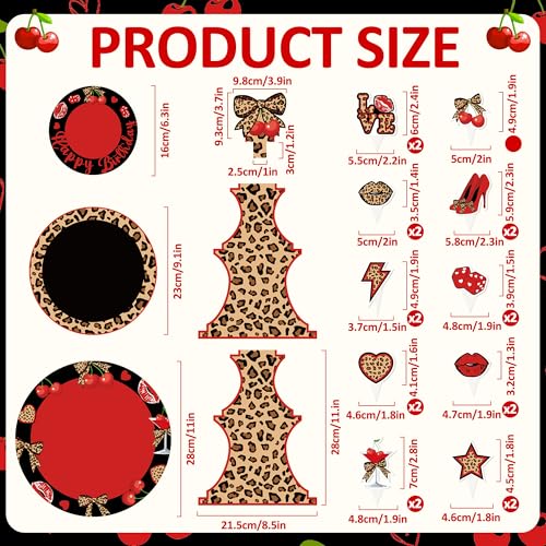 Cheetah Cherry Cupcake Stand Set with 24 Cake Toppers - 3 Tier Leopard Print Dessert Holder for Birthday & Party Decorations