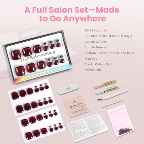 Burgundy Red Short Square Press On Toenails - Crimson Night