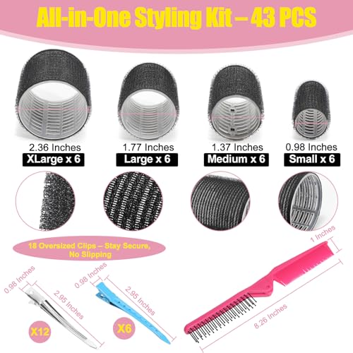 HAKINBOT 43PCS Heatless Hair Curlers Set for Thick Long Hair – Black, 4 Sizes with Clips & Comb