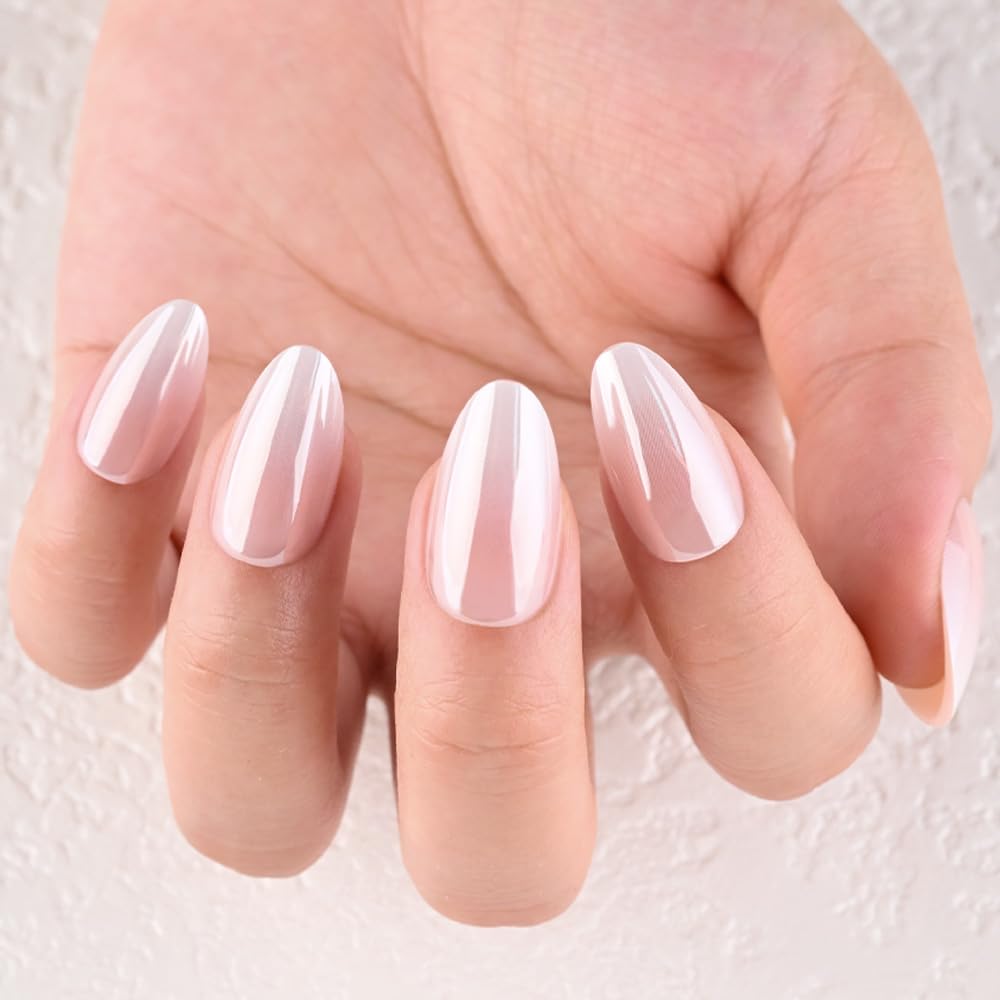 Chrome Nude Press On Nails - Short Almond Acrylic Jelly Ombre Design | Reusable Salon-Quality Stick-On Kit for Women