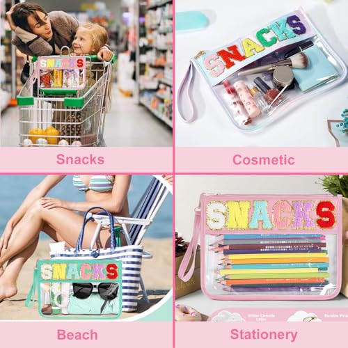 HIGH FIT Waterproof Clear Cosmetic & Snack Pouch with Chenille Letter Patch - Travel Makeup Bag, Multi-Use, Color: Snack